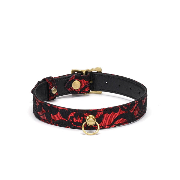 Victorian Garden ruby-red lace-covered vegan leather bondage collar with brass hardware