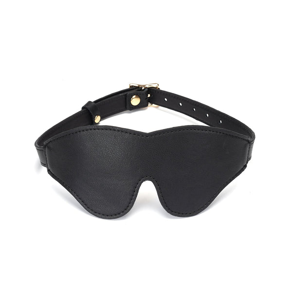Luxurious black leather BDSM blindfold with gold buckles from the Dark Secret collection, designed for sensory deprivation in bondage play