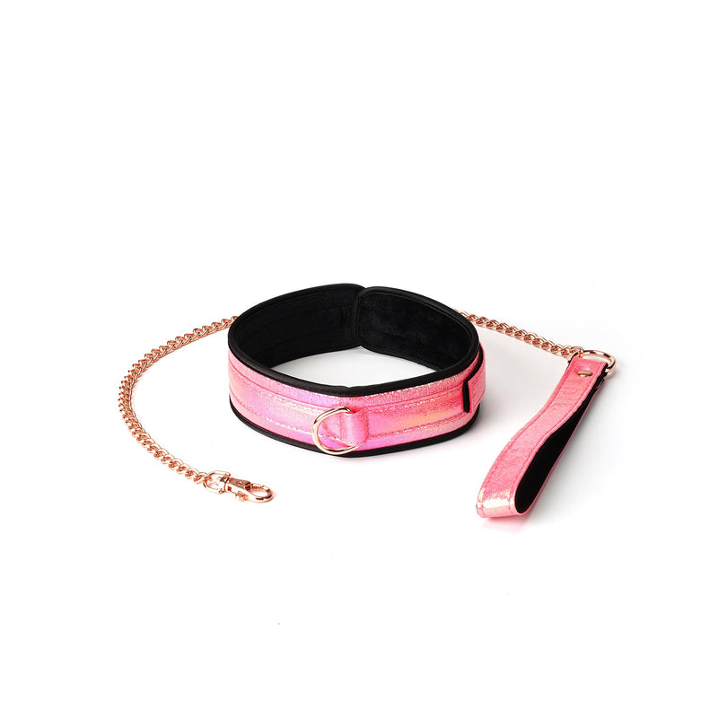 Glossy pink bondage collar with black velvet lining and rose gold leash from Vivid Sakura Soft Bondage Kit