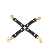 Luxurious black leather hogtie with golden quick-release clips for BDSM play from the Dark Secret collection