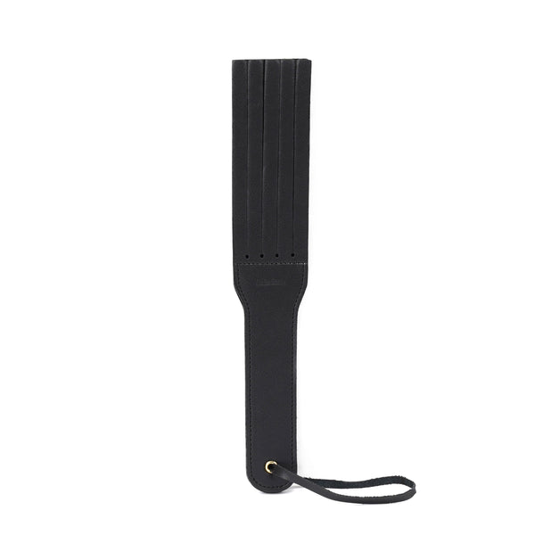Black leather spanking paddle with wrist loop from the Dark Secret BDSM collection