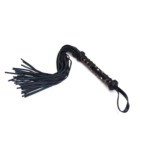 Heavy leather flogger with gold studded handle from the Dark Secret BDSM accessories collection
