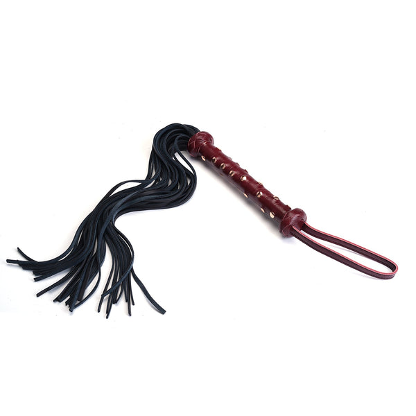 Wine Red Heavy Leather Flogger with Studded Handle and Black Leather Fronds from the Wine Red Collection