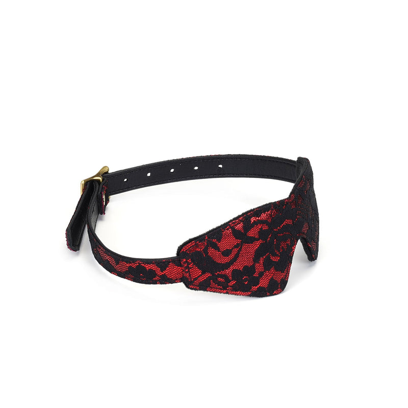 Victorian Garden red and black lace blindfold with vegan leather strap and golden buckle for BDSM sensory play