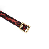 Red and black lace vegan leather blindfold strap with brass buckle, part of the Victorian Garden BDSM collection
