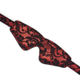 Ruby-red and black lace vegan leather blindfold from the Victorian Garden BDSM collection, designed for sensory deprivation play