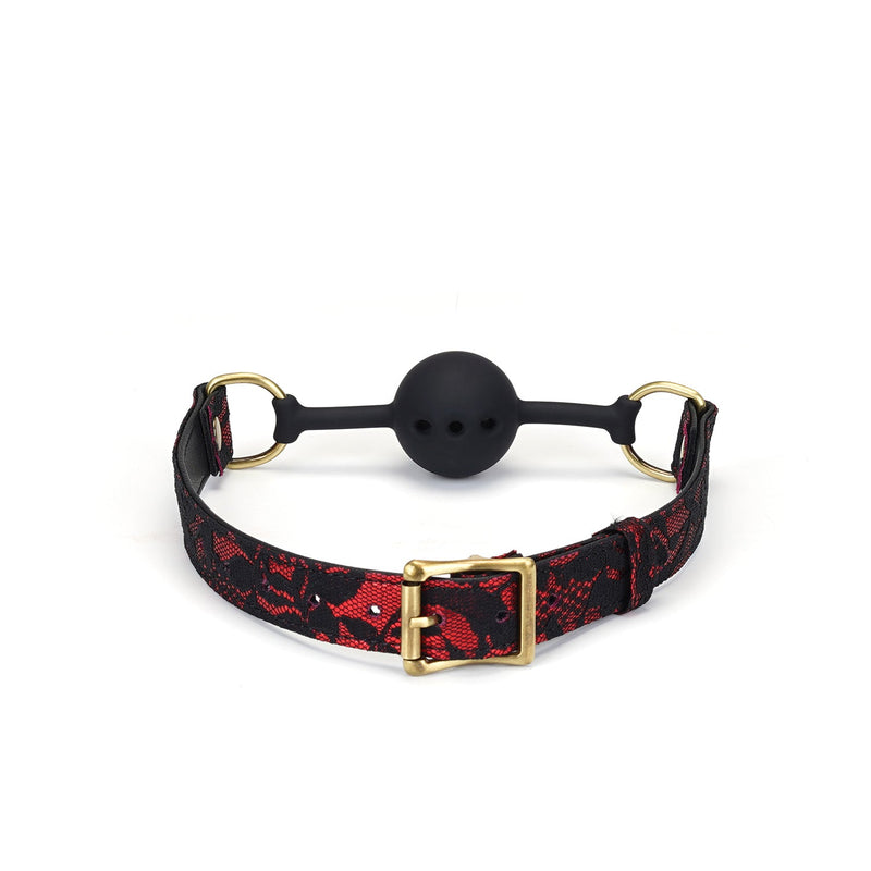 Victorian Garden breathable silicone ball gag with red and black lace vegan leather straps and brass buckle