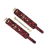 Victorian Garden lace and vegan leather handcuffs with brass hardware and adjustable straps, perfect for BDSM roleplay