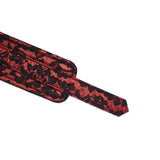 Red and black Victorian Garden lace and vegan leather ankle cuff with intricate pattern for BDSM roleplay