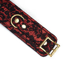 Red and black Victorian Garden lace thigh cuff with brass buckle and D-ring, vegan-friendly