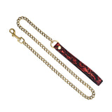 Victorian Garden bondage collar chain leash with red lace vegan leather handle and brass metal links