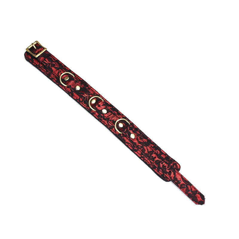 Victorian Garden lace and vegan leather bondage collar in red and black with brass hardware and adjustable buckle