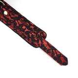 Victorian Garden collection bondage collar with red vegan leather and black lace detailing, brass snap accent