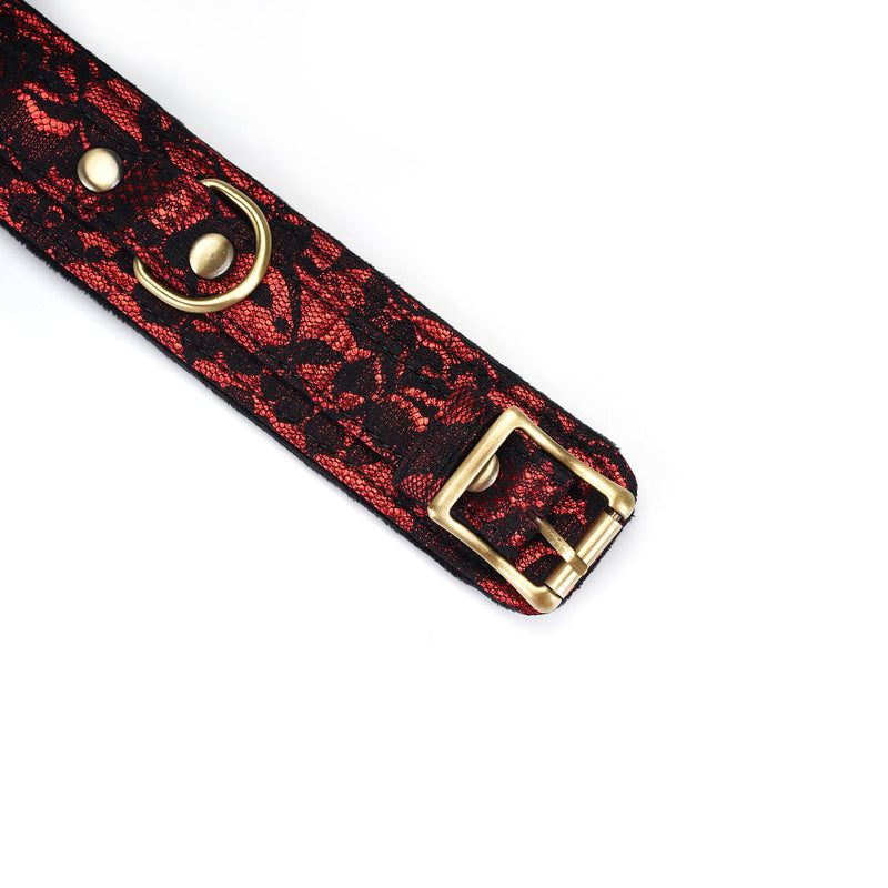 Victorian Garden red and black lace bondage collar with brass buckle and D-rings