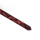 Red and black lace bondage collar from Victorian Garden collection, elegant vegan leather fetish wear with copper hardware detail