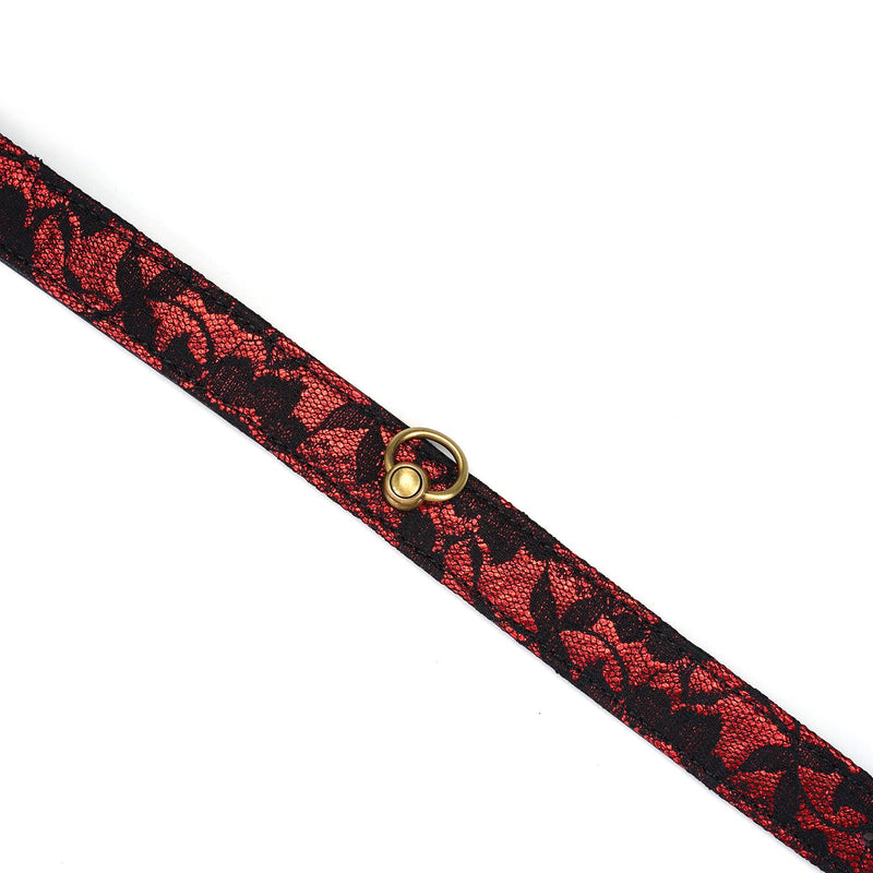 Close-up of Victorian Garden lace-coated bondage collar in red and black with brass D-ring, ideal for BDSM and fetish wear