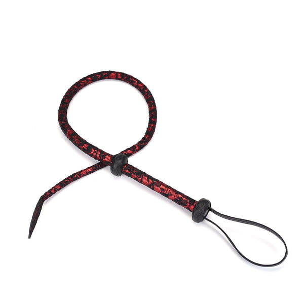 Victorian Garden lace and vegan leather bullwhip in red and black with wrist strap, ideal for BDSM play