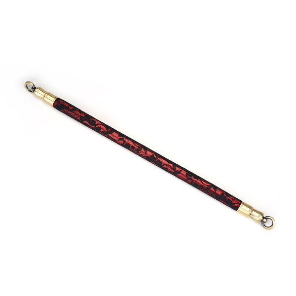 Victorian Garden collection BDSM bondage spreader bar with black lace and red vegan leather, featuring quick-release gold clips