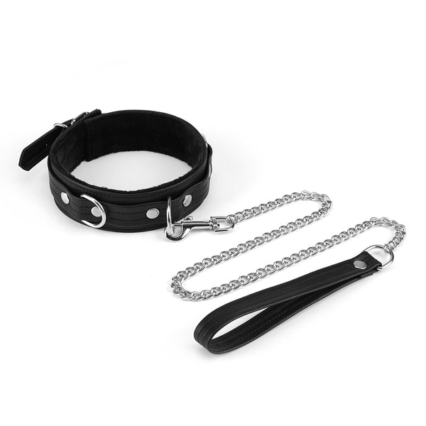 Eco-friendly Black Bond leather collar with soft lining and detachable chain leash for BDSM play, featuring silver stud details and compatible with bondage accessories