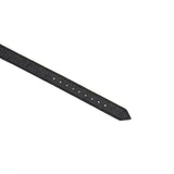 Close-up of black leather bondage collar strap with ostrich skin pattern and adjustment holes