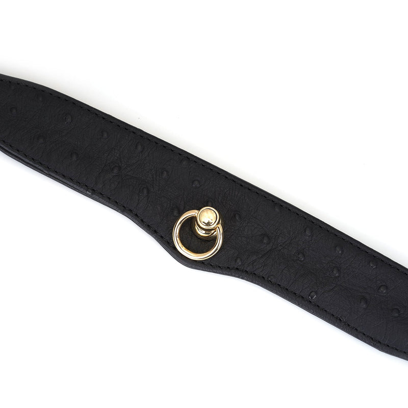 Luxurious black leather BDSM collar with ostrich skin pattern and gold O-ring from the Angel’s & Demon’s Kiss collection