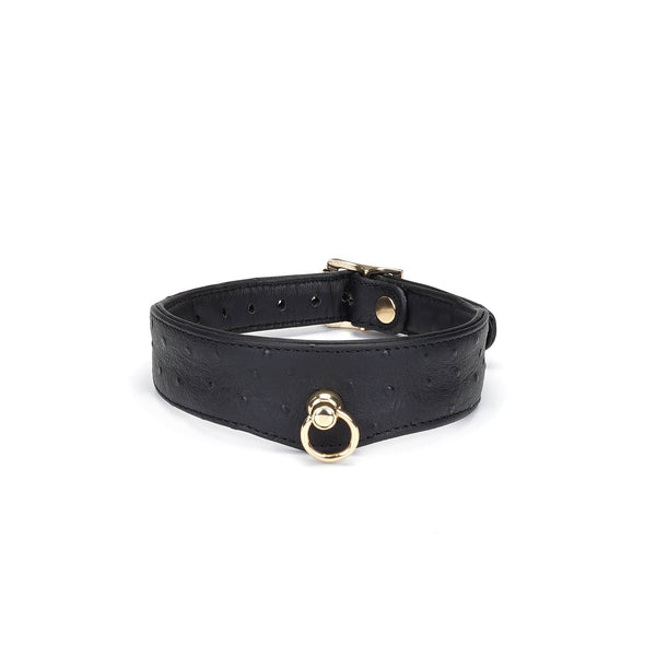 Luxurious black leather BDSM collar with ostrich skin pattern and gold O-ring from the Angel's & Demon's Kiss collection