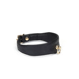 Elegant black leather bondage collar with ostrich skin pattern and gold metal hardware with chain leash from the Angel's & Demon's Kiss collection