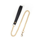 Luxurious black leather BDSM collar with gold chain leash, featuring ostrich skin pattern and adjustable buckle, part of the Angel's & Demon's Kiss collection