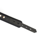Close-up of a black leather strap with adjustment holes and Liebeseele branding, part of the Demon's Kiss luxury bondage collar