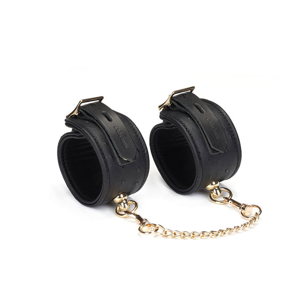 Demon's Kiss Black Leather Ankle Cuffs with Ostrich Skin Pattern and Gold Hardware