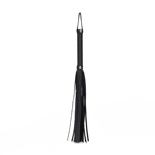 Demon's Kiss Black Leather Flogger Whip with gold studs and ostrich skin pattern handle for BDSM play
