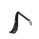 Black leather flogger whip from Angel's & Demon's Kiss collection with golden stud details and wrist loop for BDSM play