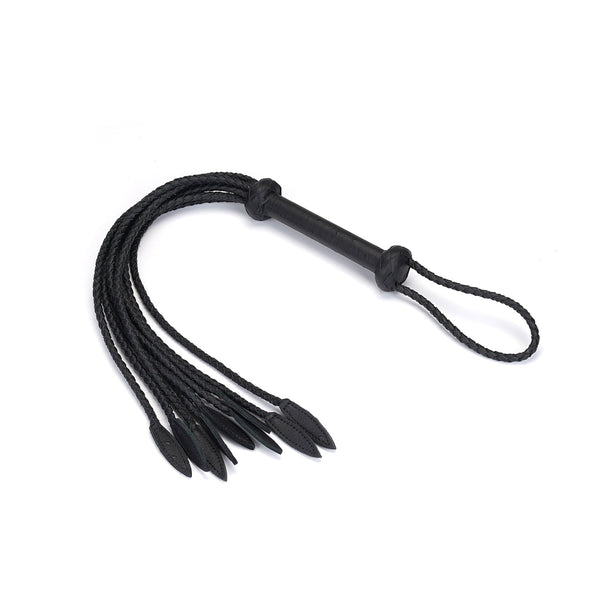 Black leather cat o' nine tails whip from the Demon's Kiss collection, designed for luxurious impact play in BDSM