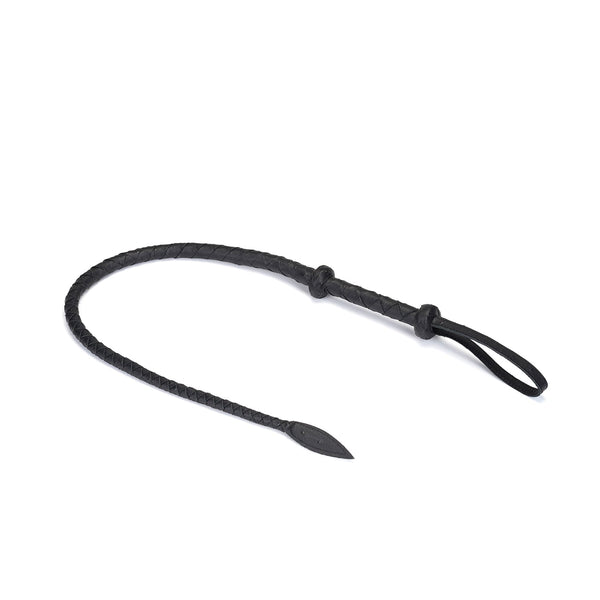Black leather braided bullwhip for BDSM play, part of the Demon's Kiss collection, displaying a finely crafted loop handle and pointed tip