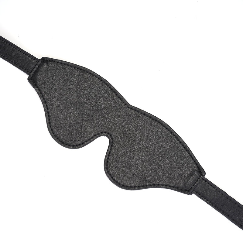 Black leather blindfold with contoured design for sensory deprivation, part of the Dark Secret BDSM collection