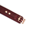 Wine red leather bondage collar with rose gold buckle and adjustment holes from LIEBE SEELE's BDSM accessory collection