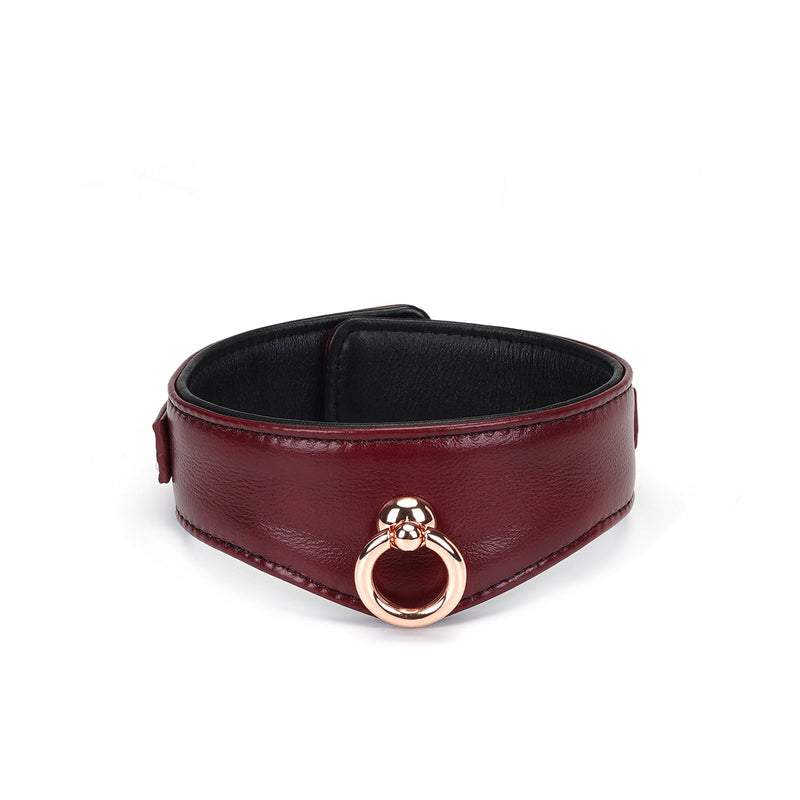 Wine Red leather bondage collar with rose gold metal ring and luxurious black interior, ideal for BDSM play