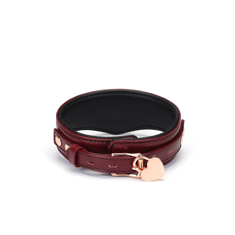 Wine Red leather bondage collar with rose gold heart lock and black lining from LIEBE SEELE's opulent BDSM collection