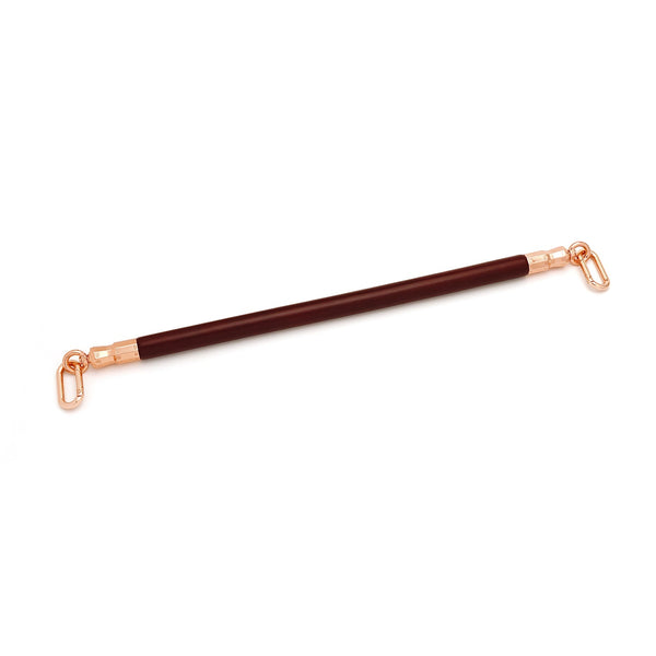 Wine Red leather-coated spreader bar with rose gold metallic accents for BDSM bondage play