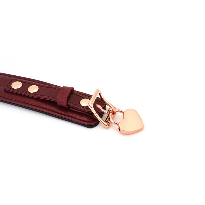 Luxurious Wine Red leather bondage collar with rose gold heart-shaped clasp for BDSM play