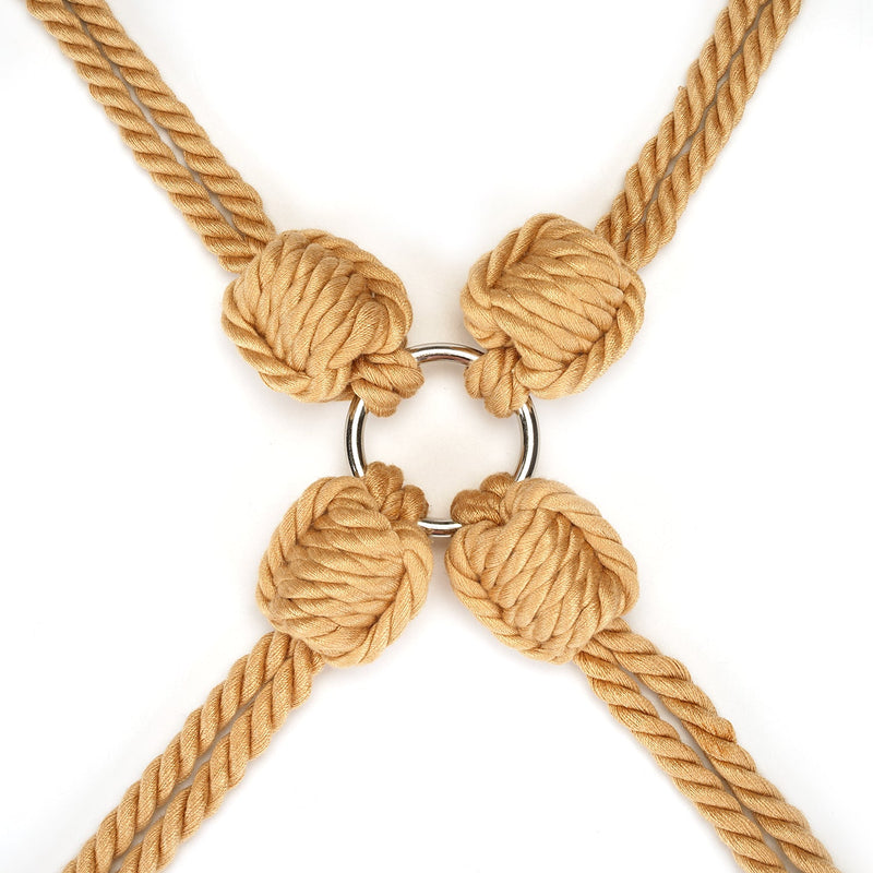 Shibari-style bondage rope hogtie set with intricate knots and silver metal ring from Bound You Ⅱ collection