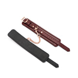 Wine Red Leather Ankle Cuffs with Rose Gold Hardware, adjustable and high-quality, featuring removable chain for bondage play