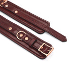 Wine Red Leather Ankle Cuffs with Rose Gold Buckles and Adjustable Holes for Bondage Play
