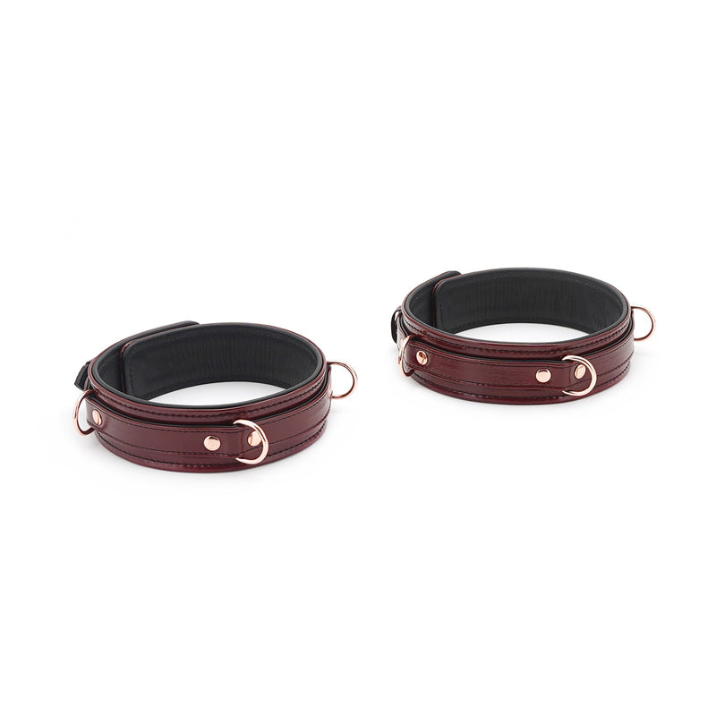 Wine Red Leather Thigh Cuffs with Rose Gold Hardware for BDSM play