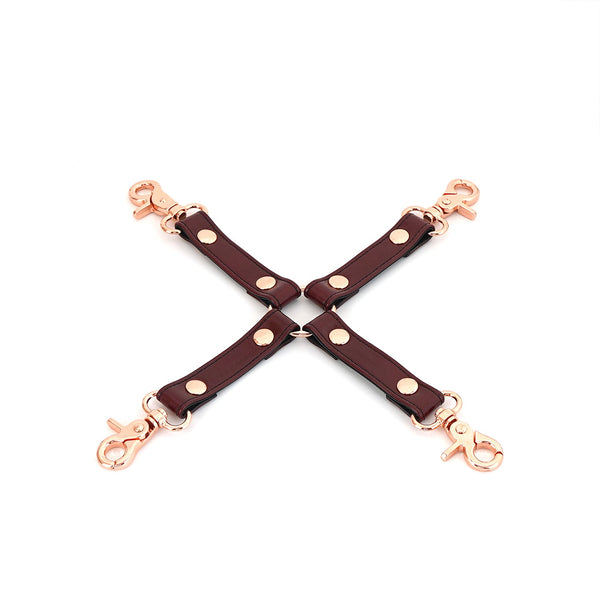 Wine red leather hogtie with rose gold clips from LIEBE SEELE's Wine Red collection, designed for enhancing bondage play