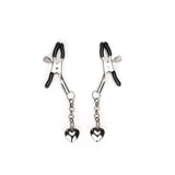 Silver heart-shaped nipple clamps with adjustable crocodile clips and rubber tips, perfect for enhancing sensory play
