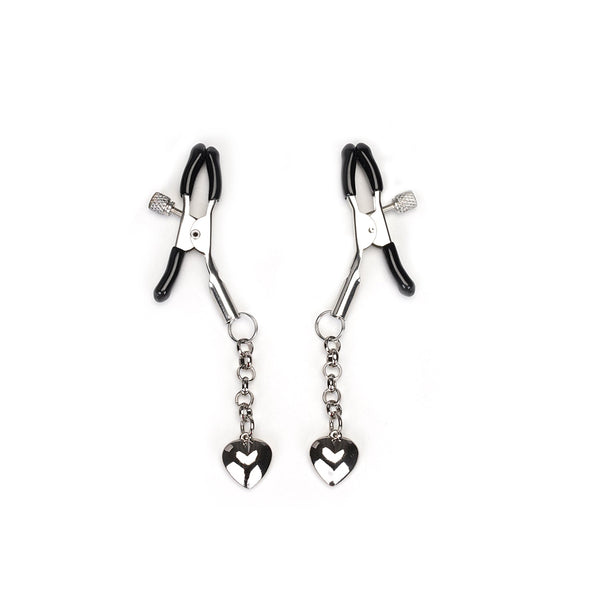 Heart-shaped silver nipple clamps with adjustable features and rubber comfort tips, suitable for different levels of bondage play