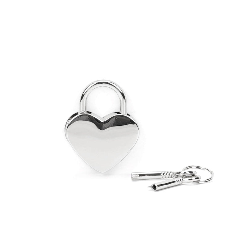Silver heart-shaped lock and keys for bondage play, suitable for securing tool boxes, gem boxes, and necklaces