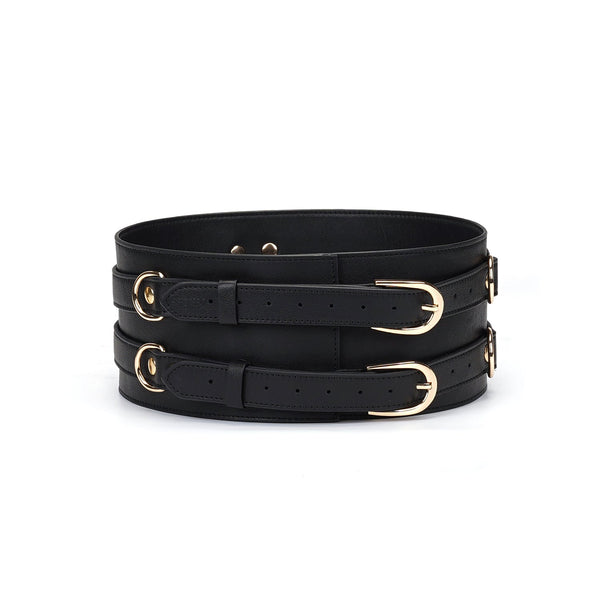 Black leather bondage waist belt with golden buckles and D-rings for BDSM fetish wear