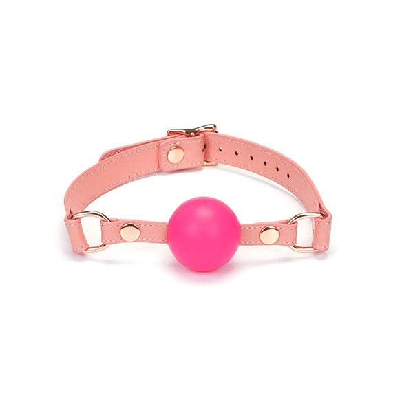 Pink leather ball gag with silicone ball and rose gold accents from the Pink Dream collection